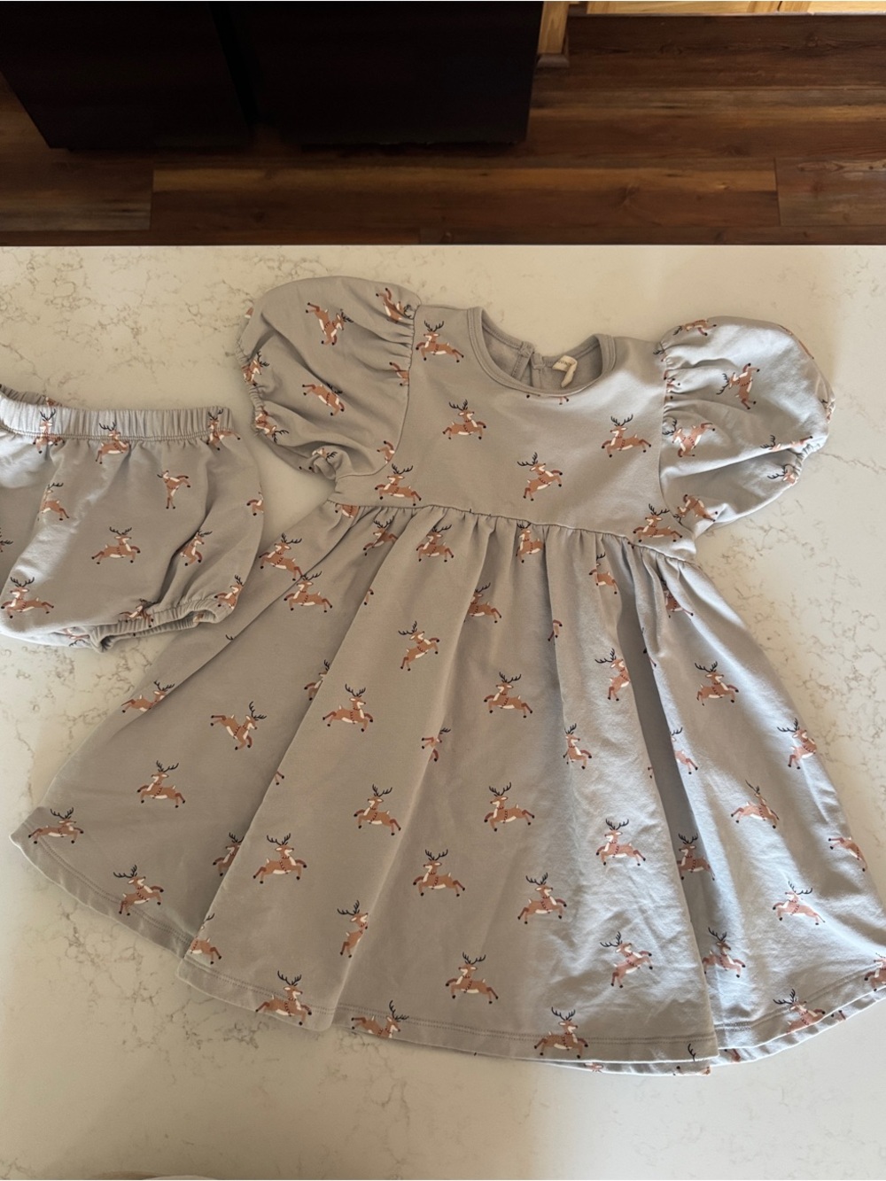 Quincy Mae Light Gray Puff Sleeve Dress with Deer Print and Bloomer Set